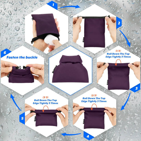 Step-by-step use of Three Pack Waterproof Dry Bags Set for Outdoor Adventures, Mini Roll Top Pouches that keep gear dry.