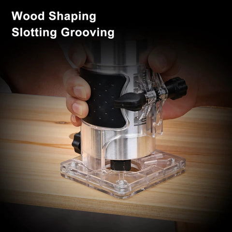 Pro Grade Palm Wood Router Kit With Edge And Roller Guides, 800W 110V Electric Trimmer in use for wood shaping and grooving