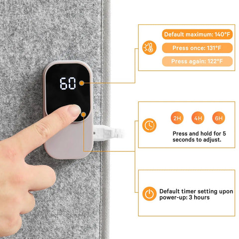 Close-up of control panel on Under Desk Foot And Leg Warmer Space Heater Portable Quiet Personal Heater For Home Office Indoor Use.