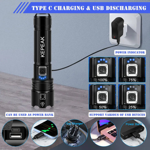 Ultra Bright Rechargeable Flashlight With 5 Modes Zoomable Tactical Handheld LED Light charging via USB-C with power indicators shown