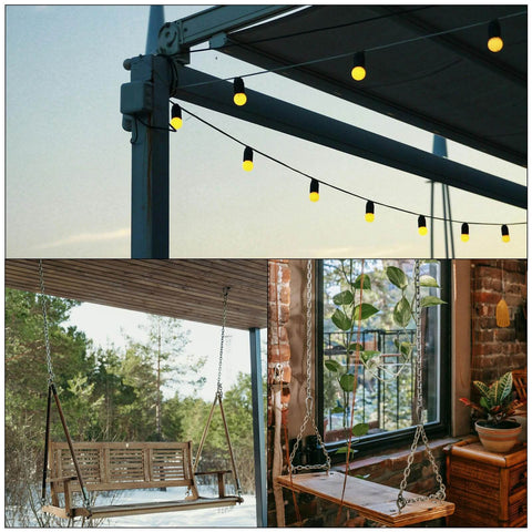 Outdoor and indoor settings with string lights, wooden swing, and suspended plant shelf, showcasing versatile lighting and decor.