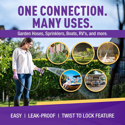 Collage featuring woman using Easy Connect Low Lead Locking Garden Hose Quick Connect Fittings for multiple applications like RVs and boats.