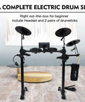 Beginner Electric Drum Set With Quiet Mesh Pads And 180 Plus Sounds, full drum kit setup in home interior