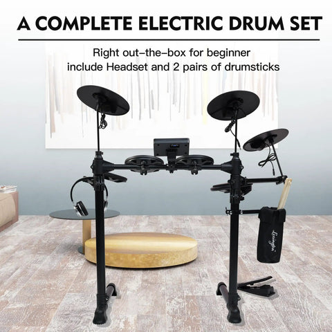 Beginner Electric Drum Set With Quiet Mesh Pads And 180 Plus Sounds, full drum kit setup in home interior
