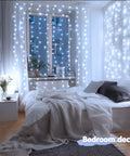 200 LED White Curtain Lights With Remote For 6.5 Ft By 6.5 Ft Window Backdrop USB Powered 8 Modes in a bedroom setting.