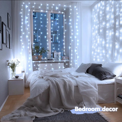 200 LED White Curtain Lights With Remote For 6.5 Ft By 6.5 Ft Window Backdrop USB Powered 8 Modes in a bedroom setting.