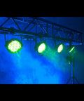 O-clamps for stage lighting on truss with four green LED par lights.