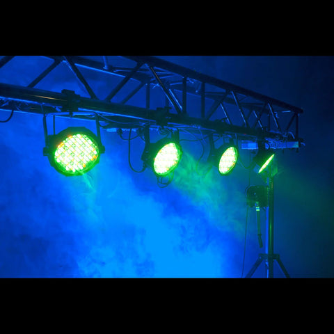 O-clamps for stage lighting on truss with four green LED par lights.