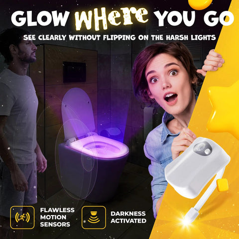 Woman holding Toilet Bowl Night Light With Motion Sensor And Multicolor LED, soft nighttime glow for late night trips