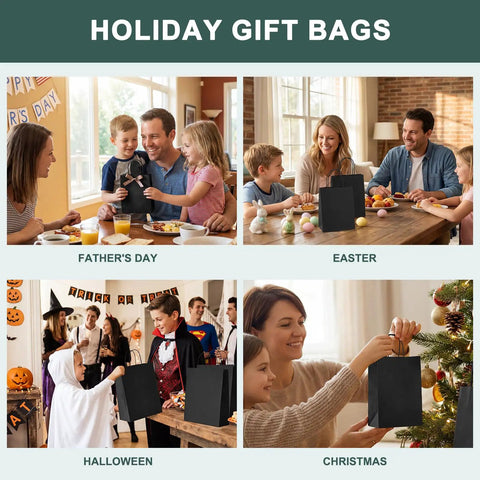 Collage of 400 Pack Black Paper Gift Bags 16x6x12 Inches With Handles Made From Recycled Kraft Paper Eco Friendly Bulk Bags used for various holidays