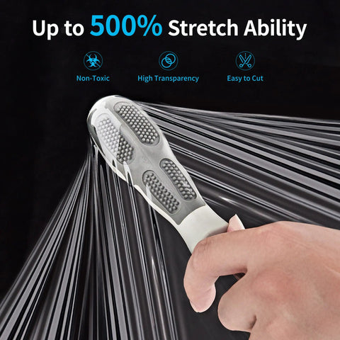 Hand using handle on Industrial Strength Stretch Film 15 Inch By 1000 Feet Pallet Wrap With Handles Heavy Duty Clear 60 Gauge Moving Wrap