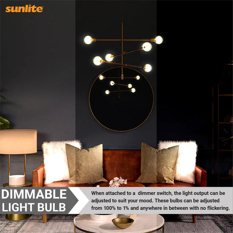 Living room with Clear G16 5 Globe Light Bulb 25W 120V Dimmable E12 Candelabra Base chandelier above a sofa.