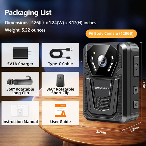 Heavy Duty 4K Body Camera With All Day Battery Life And True Black Night Vision, 128G Micro SD Card For Law Enforcement And Patrol Duties Crystal Clear Audio Video Wide Angle Loop Recording Setup with 360° clips.