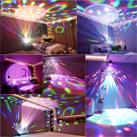Disco Ball Light Party Lamp With Sunset Mode projecting vibrant colors in a room setup, showcasing 6 working modes and remote use