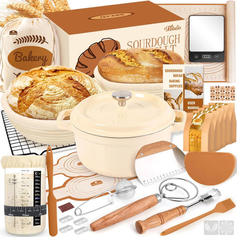 Ultimate Sourdough Starter Kit With Dutch Oven For Homemade Bread Baking Essentials Including Round And Oval Proofing Baskets, Linen Liners, Starter Jar, Silicone Spatula, Kitchen Scale, And Pro Grade Tools displayed together
