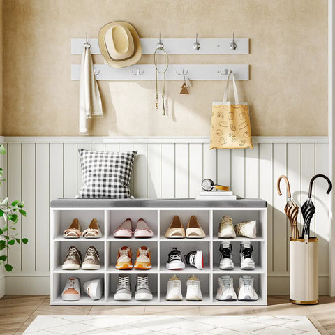Shoe Storage Bench With Cushion 39 Inch Entryway Bench With 12 Cubbies And Coat Rack Hall Tree Style Storage Cabinet For Hallway White Finish Holds Up To 330 Lb