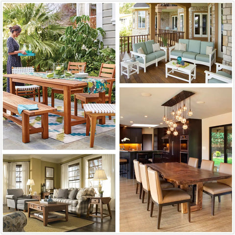 Interior and exterior scenes with various tables and seating arrangements.