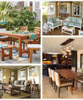Collage of indoor and outdoor furniture settings showcasing wood tables and chairs, potentially using Go-To Five Sixteenth Inch Threaded Furniture Leveling Feet Screw On For Wood Leg Glides, Adjustable 5/16 18 Thread, Fits Tables Chairs Bar Stools And Other Indoor Outdoor Furniture, Includes Inserts Pack Of 8