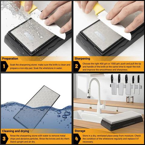 Double Sided Diamond Whetstone 400/1000 Grit With Honeycomb Surface Knife Sharpener Stone Angle Guide And Non Slip Base in use for sharpening and cleaning instructions.