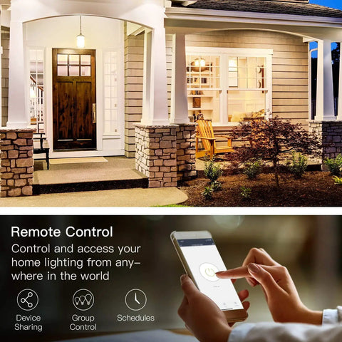 Smartphone controlling 3 Way WiFi Smart Light Switches 4 Pack With 2.4GHz Connectivity on porch light remotely.