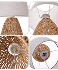 Close-up views of Natural Jute Rope Table Lamp With Boho Farmhouse Coastal Vibe, highlighting flaxen fabric and sustainable materials