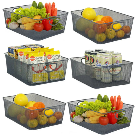 Six Pack Wire Storage Baskets Set, Durable Metal Mesh Organizers In Gray For Kitchen, shown with fruits, cans, and boxes