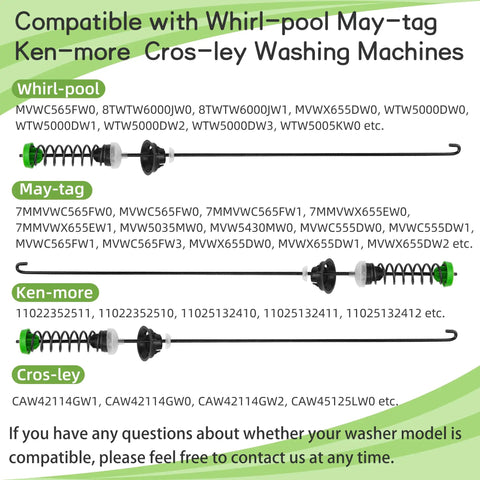 Upgraded W11130362 Washer Suspension Rod Kit Fits Whirlpool Maytag Machines, showing compatibility list and rod details.