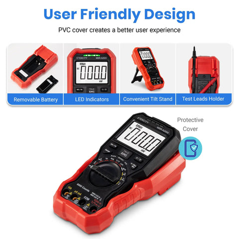 All In One Digital Multimeter True RMS 6000 Counts, protective cover, displayed with features like LED indicators and test leads holder
