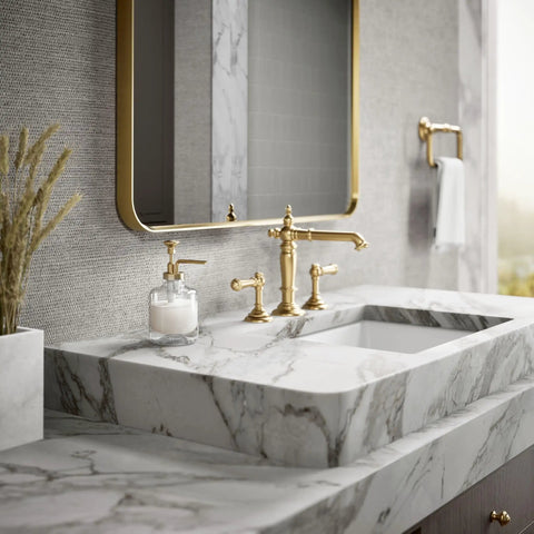 Artifacts Soap Dispenser Assembly For Kitchen And Bath, Heavy Duty Metal Build With Glass Reservoir on marble sink