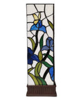 Side view of Tiffany Style Table Lamp With Iris Flower Butterfly Stained Glass, showing blue and green floral patterns on a tall panel.