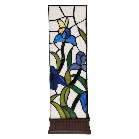 Side view of Tiffany Style Table Lamp With Iris Flower Butterfly Stained Glass, showing blue and green floral patterns on a tall panel.
