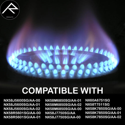 Blue flames on a gas stove showing compatibility for Replacement Oven Knobs Set For Black Stainless Steel Ranges Easy Grip Control Knobs.