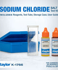 Hassle Free Pool And Spa Drop Test Kit For Sodium Chloride Saltwater Testing includes blue storage case, test tube, and reagents.