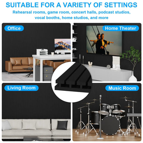 Super Thick High Density Black Acoustic Foam Panels Four Pack Sound Deadening Wall Tiles for various settings like office and music room.