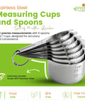 Stainless Steel Measuring Cups And Spoons Set Of 14 With Leveler, ergonomic handles, displaying size measurements.