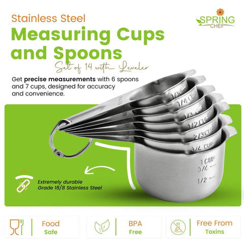 Stainless Steel Measuring Cups And Spoons Set Of 14 With Leveler, ergonomic handles, displaying size measurements.