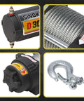 Close-up of Beefy 12V 3000lb Winch For UTV ATV With Three Sixteenth Inch Steel Cable 39 Foot Wireless Remote 1.5HP Permanent Magnet Motor