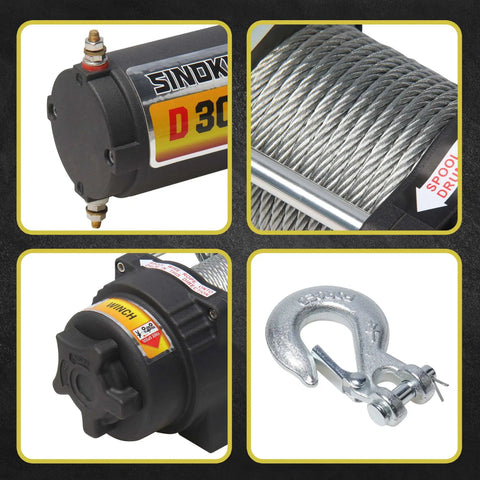 Close-up of Beefy 12V 3000lb Winch For UTV ATV With Three Sixteenth Inch Steel Cable 39 Foot Wireless Remote 1.5HP Permanent Magnet Motor