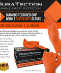 Premium 8 Mil Orange Nitrile Work Gloves Engineered With Diamond Texture For Rock Solid Grip And Top Shield Protection, Set Of Three Hundred Small Powder Free Disposable Safety Gloves That Are Latex Free Food Safe And Built Tough For Any Daily Grind in use with a box.