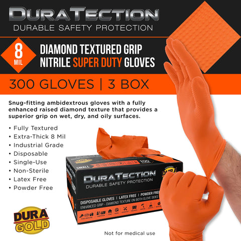 Premium 8 Mil Orange Nitrile Work Gloves Engineered With Diamond Texture For Rock Solid Grip And Top Shield Protection, Set Of Three Hundred Small Powder Free Disposable Safety Gloves That Are Latex Free Food Safe And Built Tough For Any Daily Grind in use with a box.