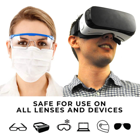 Fog Away Anti Fog Spray For Swim Goggles Glasses And Home Electronics Keeps Lenses Clear Instantly No Haze With Silicone Free Formula That Goes On Transparent And Works Against Heat Cold And Humidity shown with goggles and VR headset