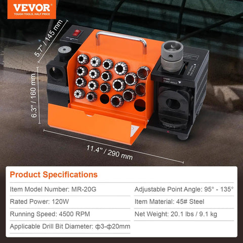 Heavy Duty Drill Bit Sharpener For Professionals And DIY Heroes, Precise 3mm To 20mm Grinding With Adjustable Point Angle, Includes 18 Collets Plus CBN Wheels To Make Your Tools Fresh Again, showing dimensions and specifications.