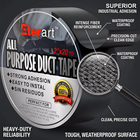 Heavy Duty Black Duct Tape With Tear By Hand And No Residue Adhesive Industrial Strength Waterproof All Purpose Tape For Moving Outdoor Repair And Home DIY 2 Inch By 20 Yards Grab And Go Tough As Nails label close-up