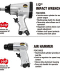 Beefed-Up 71-Piece Pneumatic Air Tool Kit With 1/2 Inch Impact Wrench and Air Hammer for Auto Repair and Tough Job Sites.