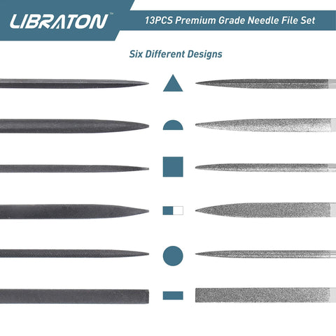 LIBRATON 13-piece needle file set; six designs, metal files for precision work on metal, wood, plastic