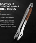 Heavy Duty Rosewood Handle BBQ Grill Tongs Measuring 16.7 Inches Long, Premium Stainless Steel Grilling Tool For Outdoor Barbecues