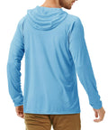 Back view of a man wearing a blue UPF 50+ long sleeve fishing shirt for men with lightweight sun protection and hood.
