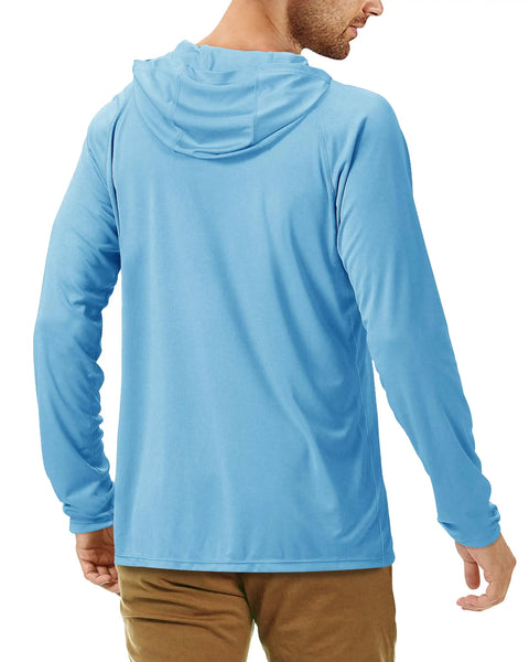 Back view of a man wearing a blue UPF 50+ long sleeve fishing shirt for men with lightweight sun protection and hood.