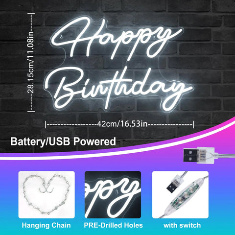 Happy Birthday Neon Sign For Wall Decor Large 16.5 By 11 Inches USB Powered LED Light with brightness control on background