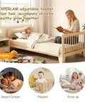 Low Profile Twin Floor Bed With Quick Release Guardrails And Sturdy Wood Frame For Zero Fuss Independent Rest And Totally Hassle Free Crib To Big Kid Transition For Growing Children in a cozy bedroom setting.